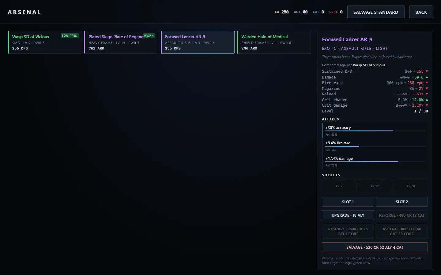 The arsenal screen: an Exotic assault rifle compared stat by stat against the equipped SMG, with three rolled affixes, three mod sockets, and buttons for upgrade, reforge, protect and salvage.