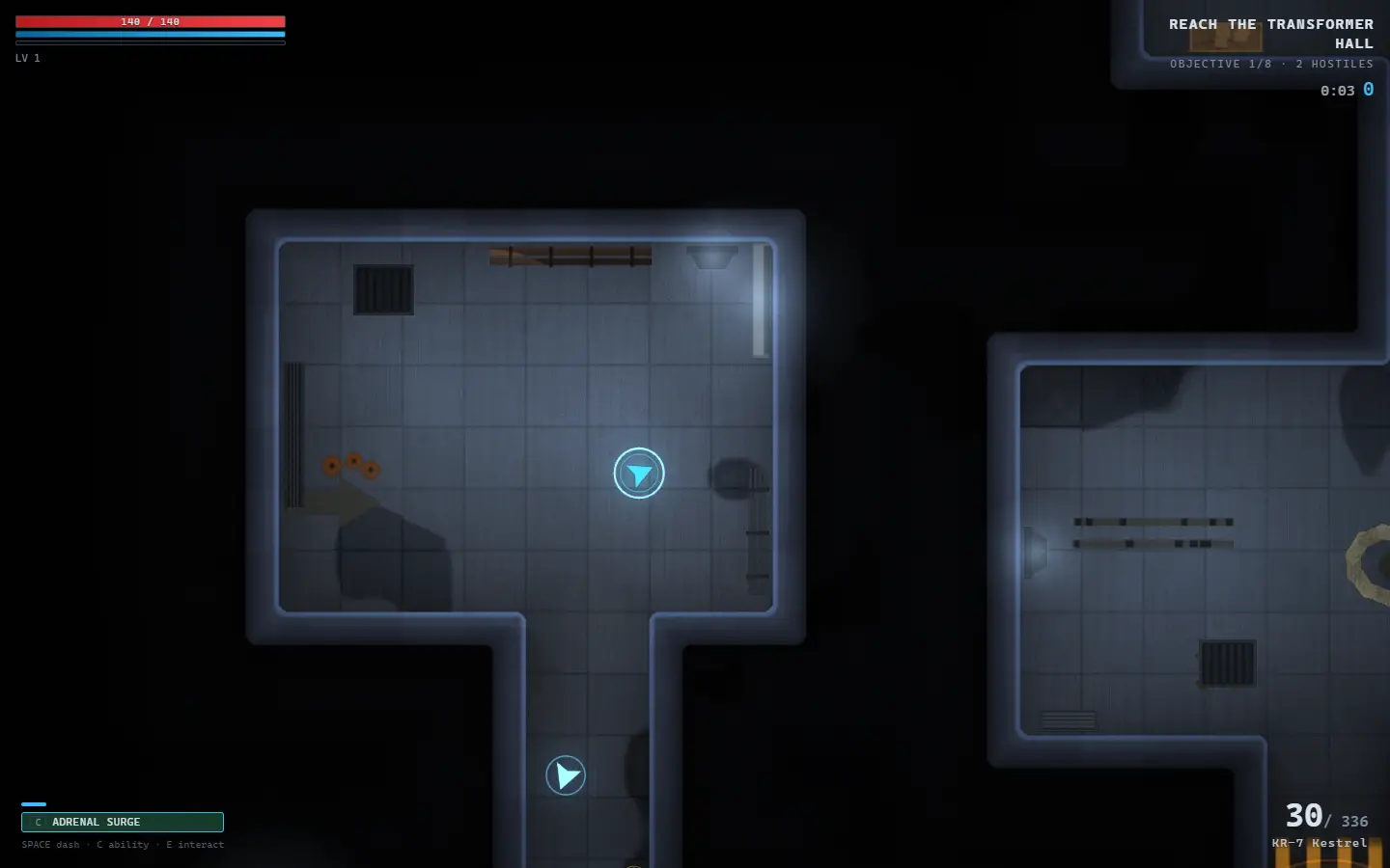 A campaign mission in progress: two lit rooms joined by a corridor, the rest of the floor dark, with an objective banner reading Reach the transformer hall.