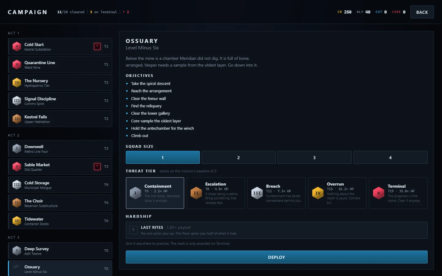 Campaign select screen: acts down the left, cleared missions wearing colored tier medals, two of them carrying a red Last Rites dagger, and on the right a briefing, objective list, squad size, five threat tiers and the Last Rites toggle.