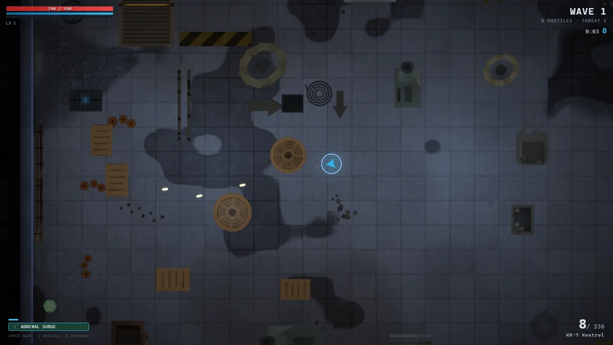 Combat: hostiles closing across a lit floor while tracer rounds cross the screen.