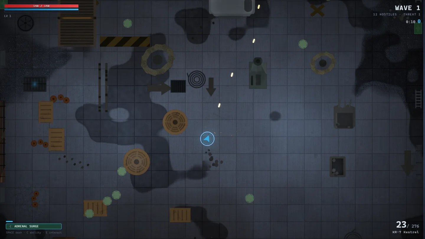 Thanatide gameplay — a lone operator holding a lit industrial floor against approaching hostiles.