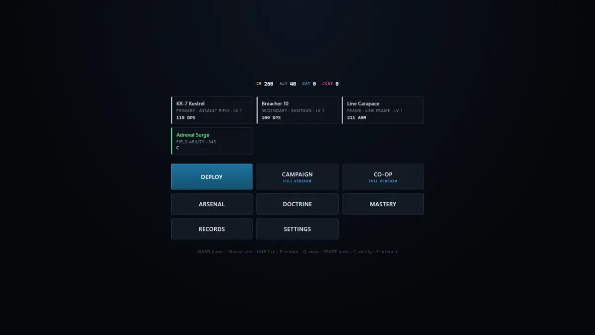 Loadout screen with primary and secondary weapons, armour and ability slots.